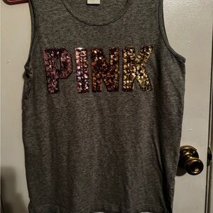 Victoria’s Secret Pink Gray Tank with sequins pink to gold.